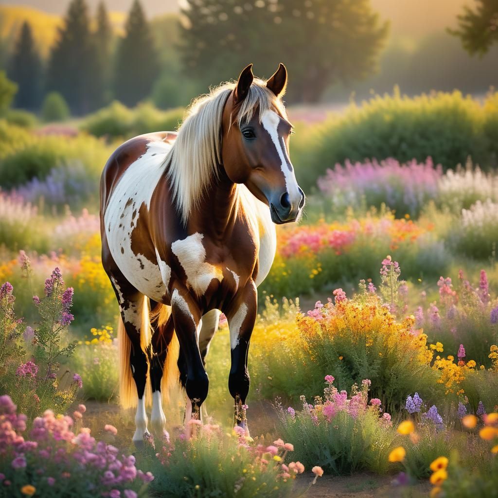 Magnificent Horse in a Field of Wildflowers