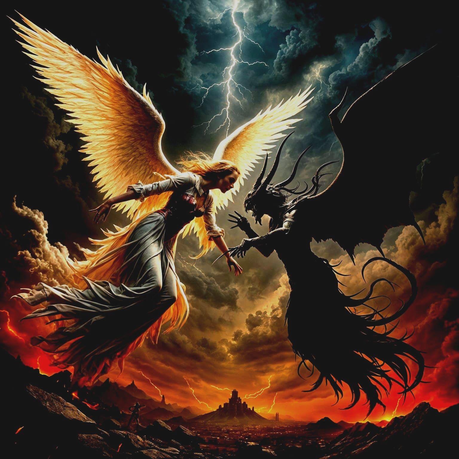Angels and Devils Battle in Stormy Skies