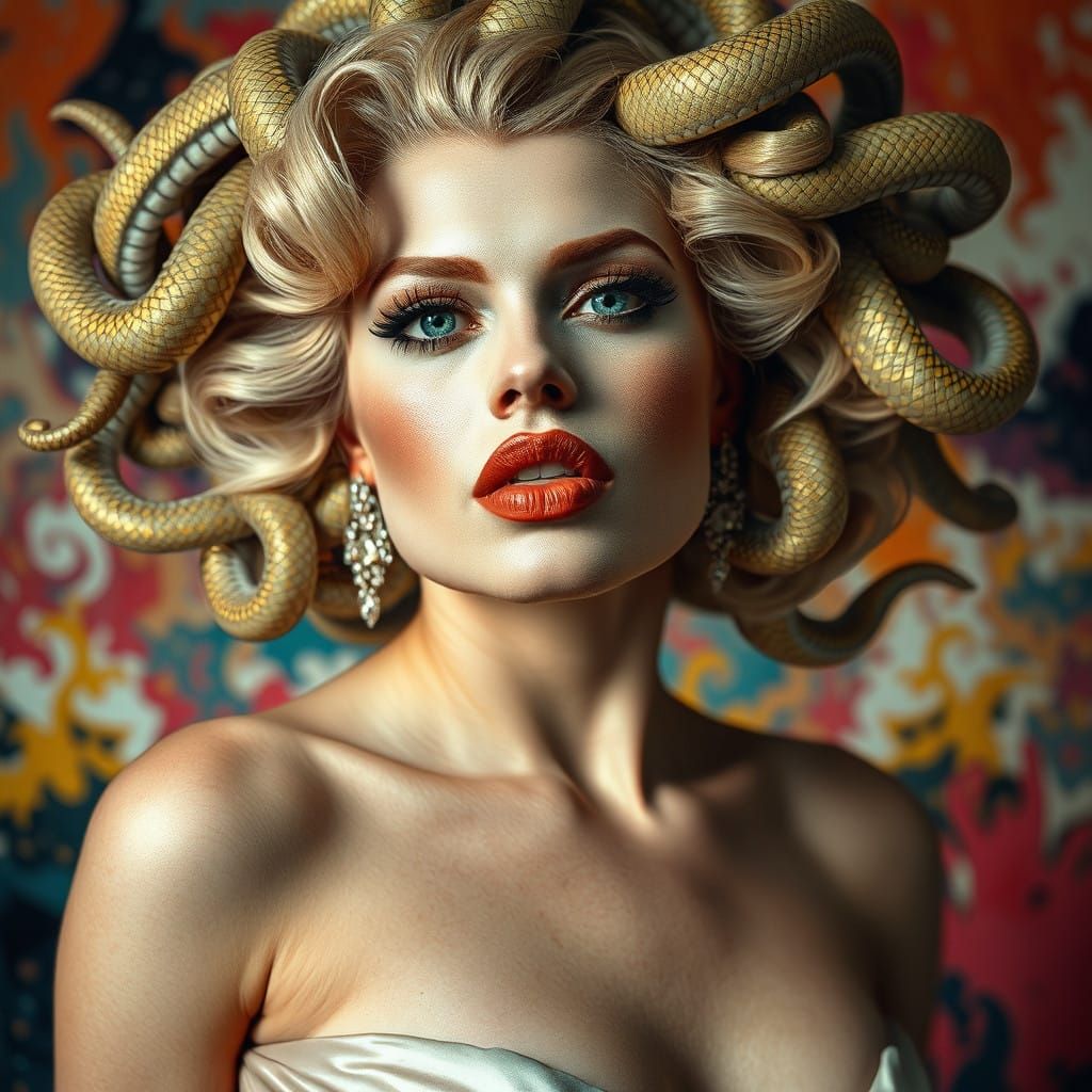 Glamorous Medusa Goddess with Hypnotic Stare and Golden Scal...