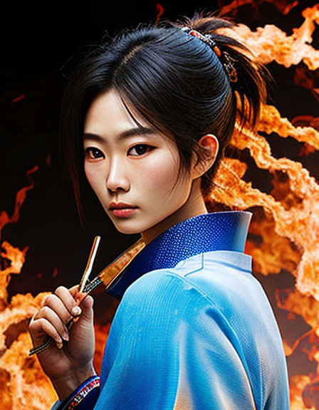 Mysterious Woman in Traditional Japanese Kimono, Enhanced wi...