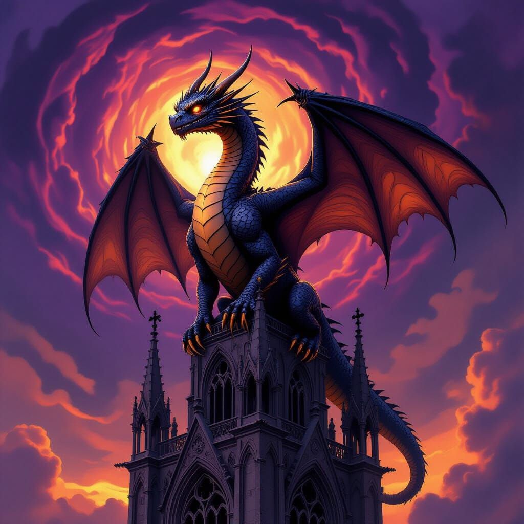 Ancient Obsidian Dragon on Gothic Spire