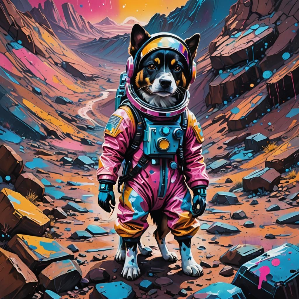 Dog in Spacesuit on Mars as Graffiti Art
