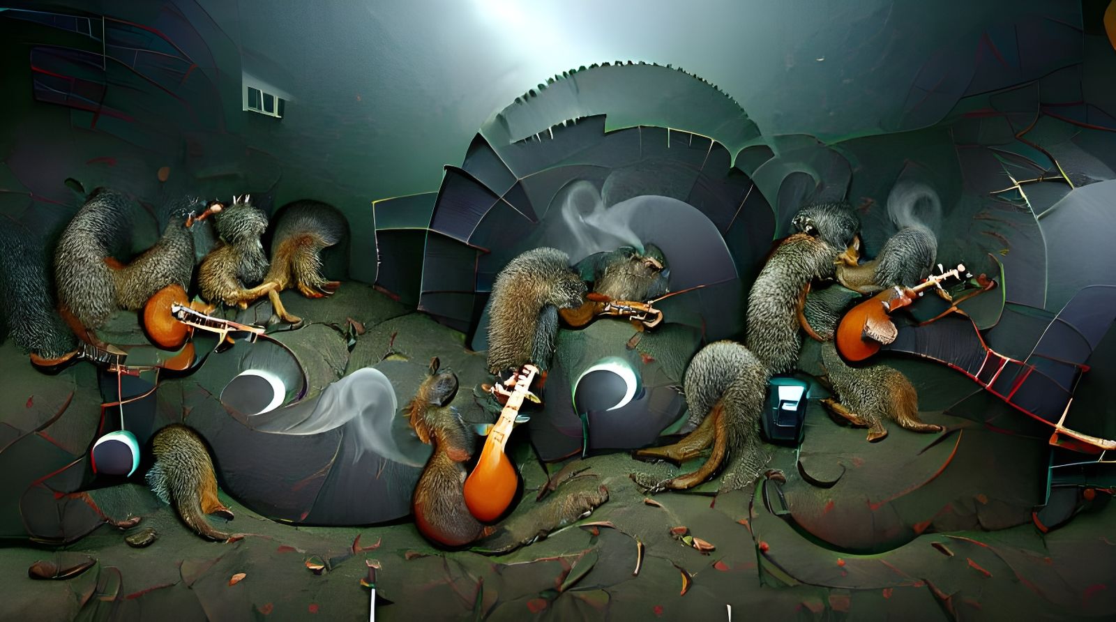 Squirrel Musicians on Smokey Stage: Moebius Illustration