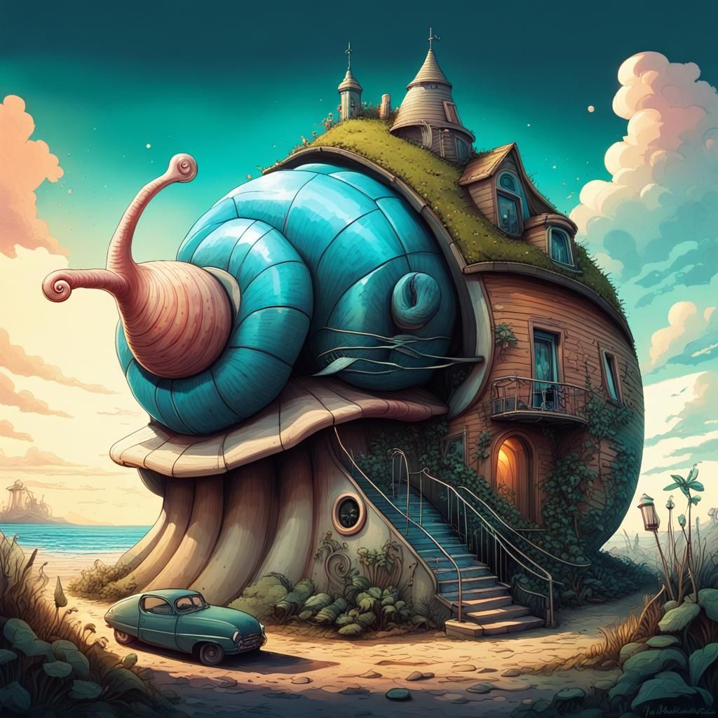 Surreal Cybernetic Snail Earthship in Neon Maze