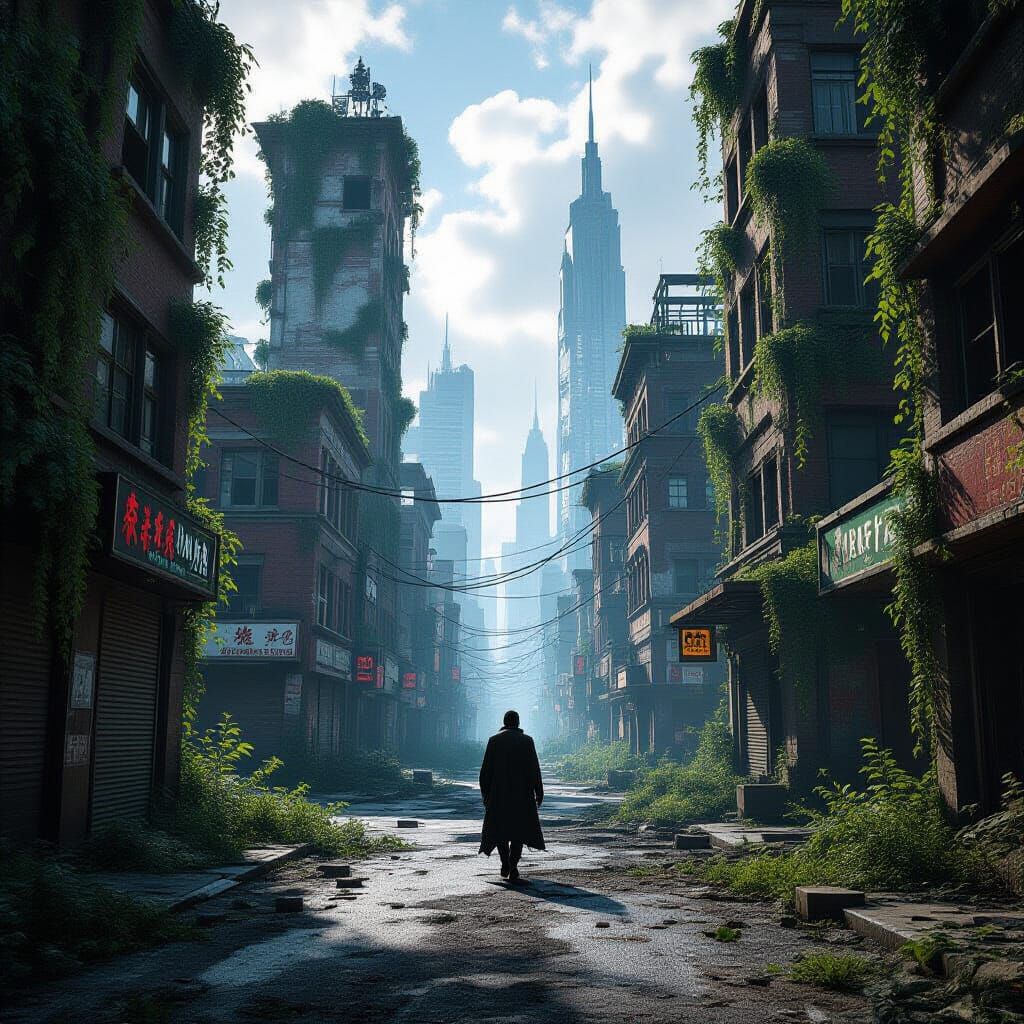 Figure in Nature-Reclaimed Cityscape Cinematic