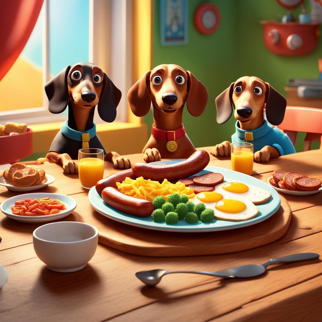 Breakfast with Sausage Dogs: 3D Digital Art