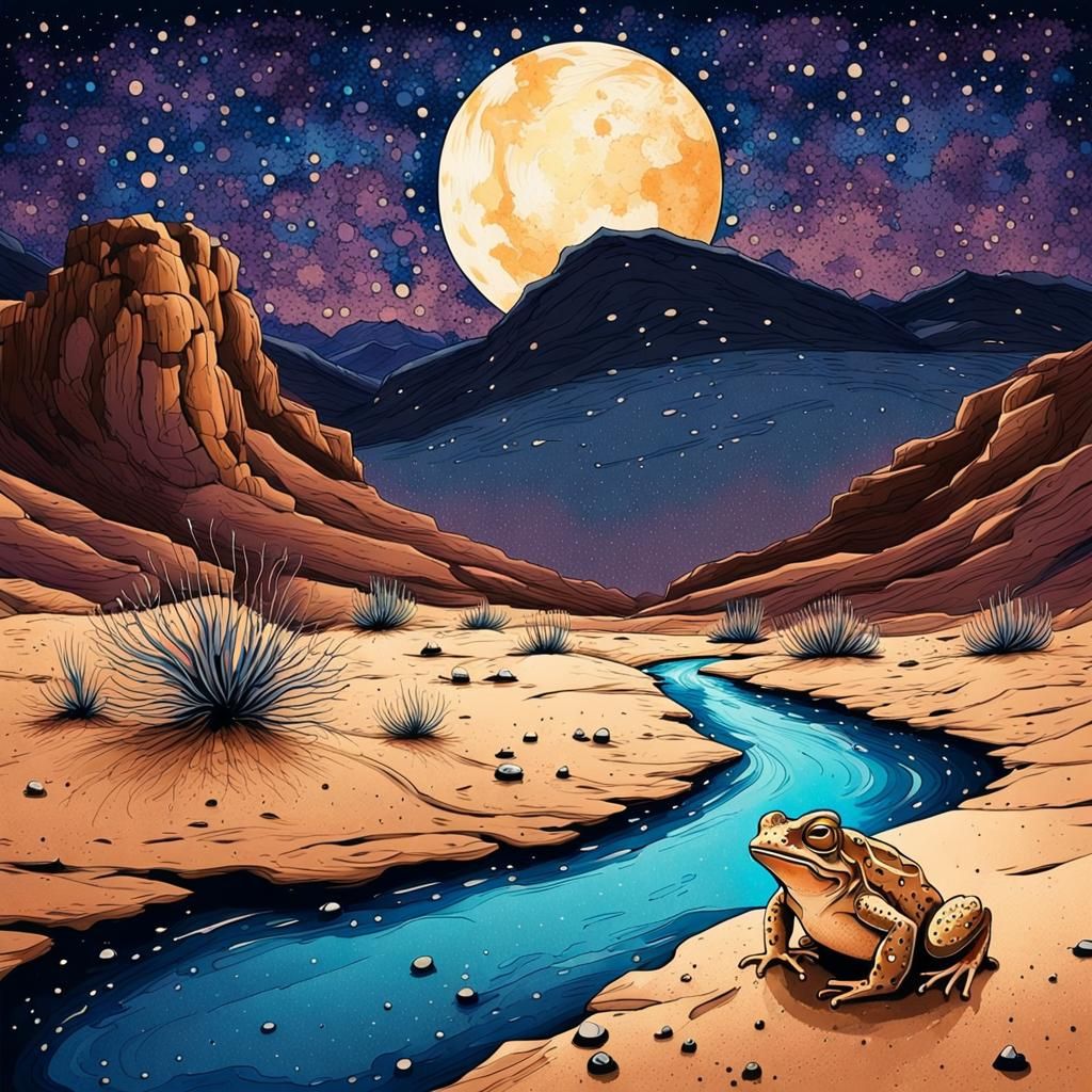 Desert Toad in Starry Canyon, Ink Splatter Art