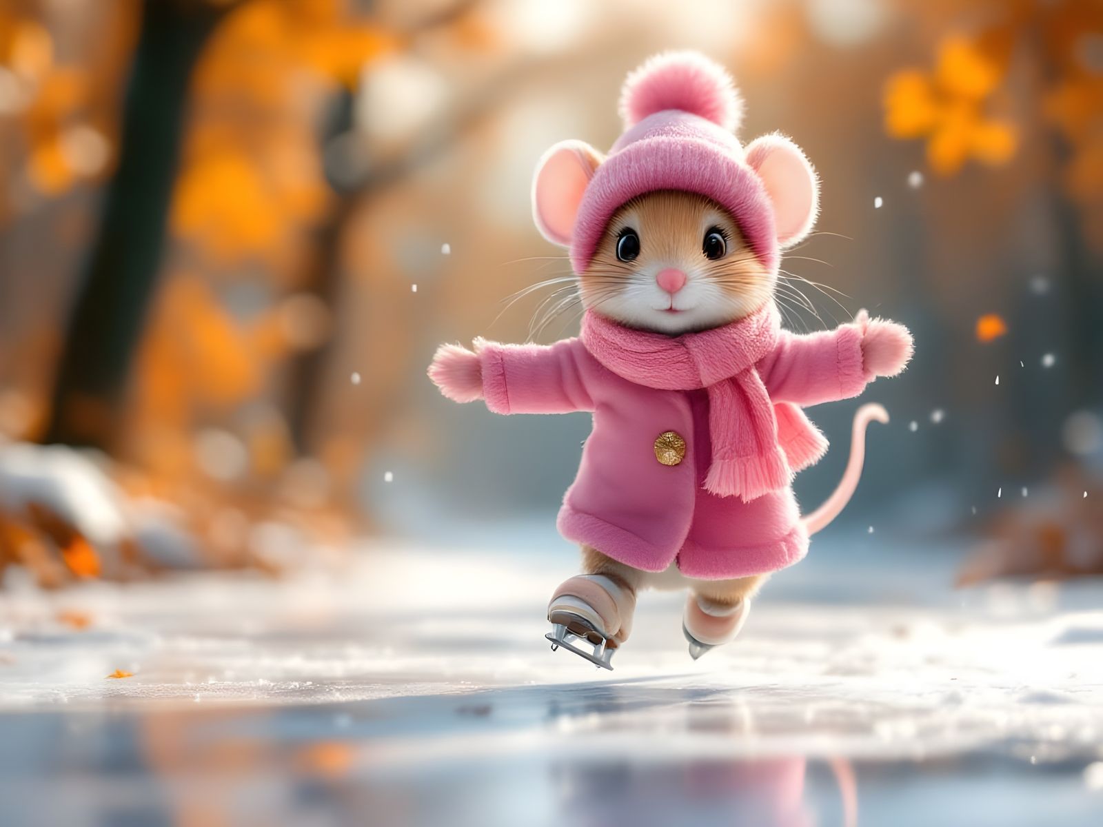 Anthropomorphic Mouse Ice Skating in Autumn Forest
