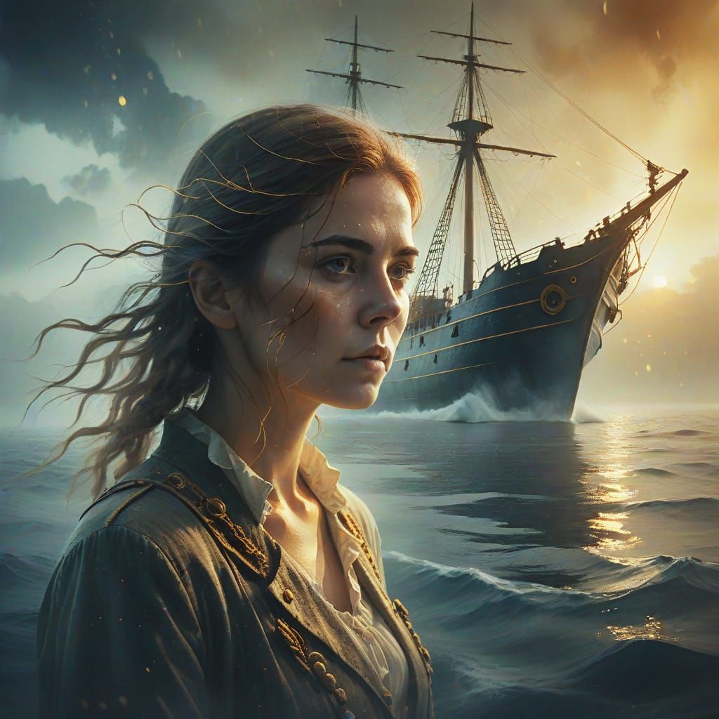 Ethereal Ghost Ship on Evening Ocean