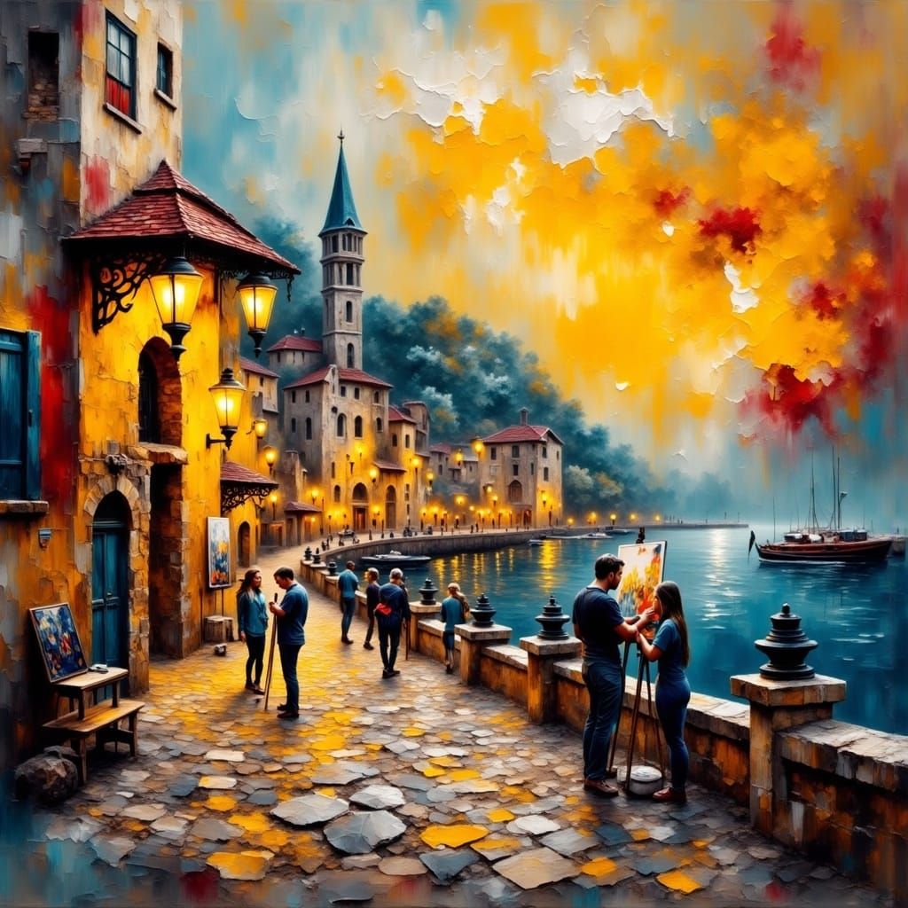 Twilight Harbor Scene with Painters in Impressionist Style