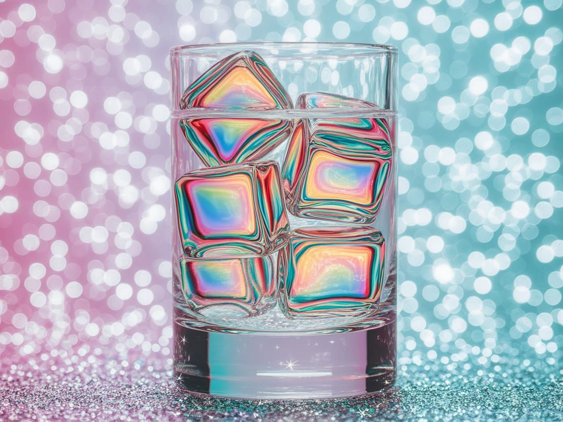 Surreal Glass Filled with Rainbow Ice Cubes
