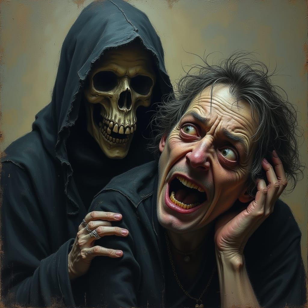 Madman Confronts Grim Reaper in Macabre Horror Scene
