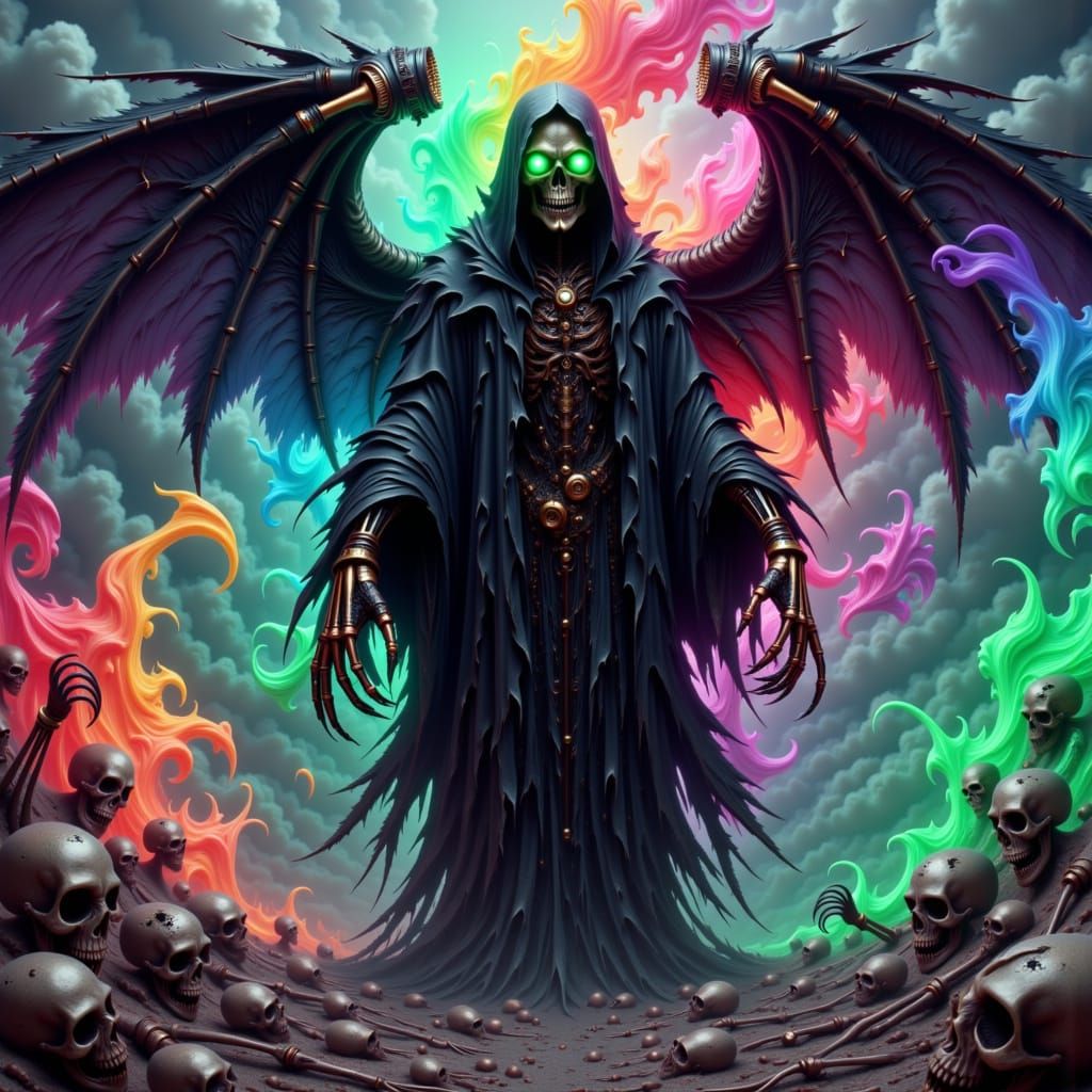 Cyberpunk Grim Reaper with Steampunk Goggles and Robotic Win...