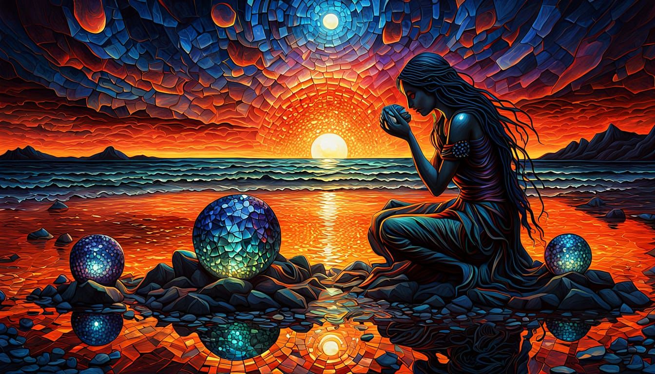 Witch Assembling Stone Balls at Sunset, Oil Painting