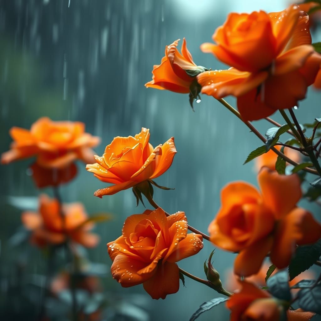Ethereal Orange Roses in Rainy Mist