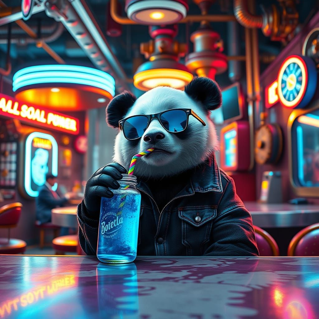 Cyberpunk Panda Sips Soda in Retro-Futuristic Diner