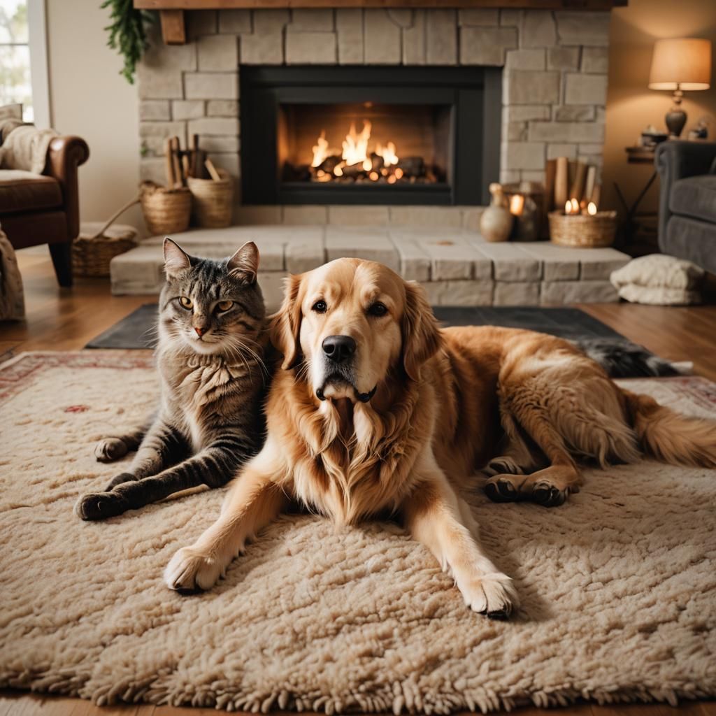 Cozy Cottage Scene with Dog and Cat