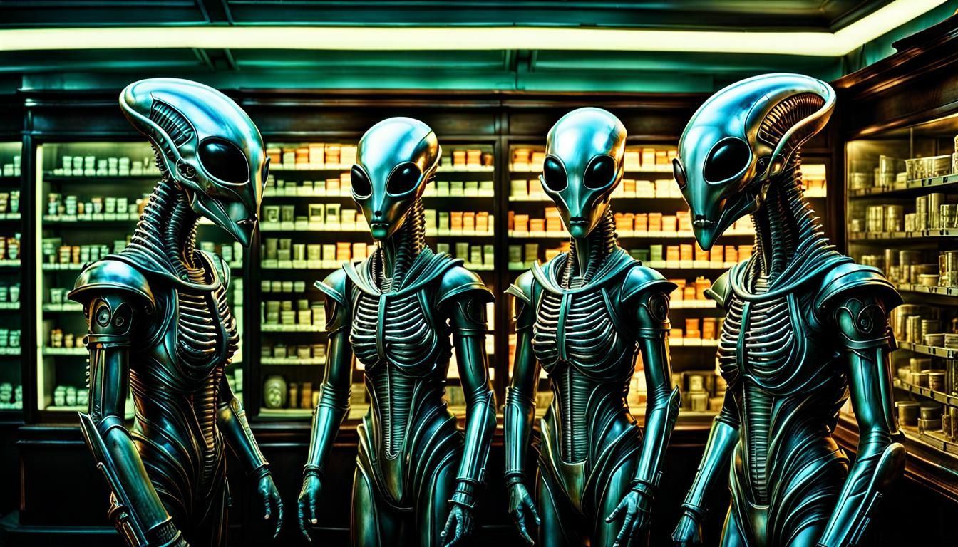 A group of four young alien biomech translucent sectoids standing next to each other,  year 1 9 4 0, inside a pharmacy, ...