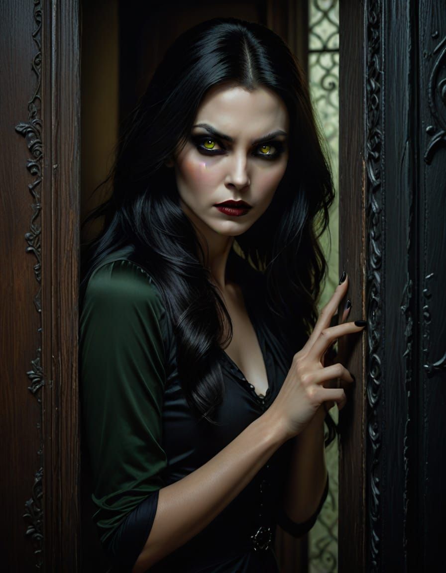 Portrait of a female vampire peeking around corner of doorway.