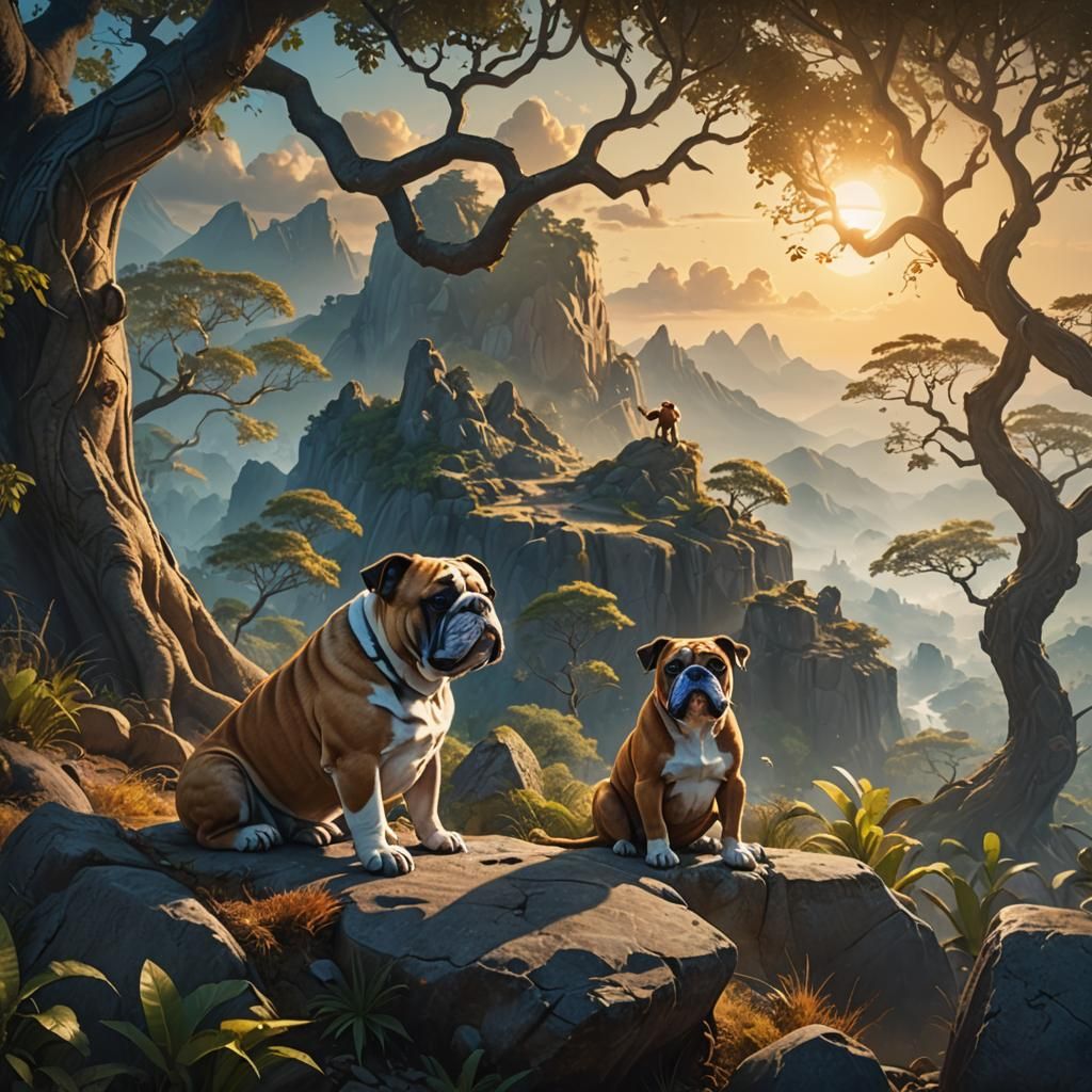 Bulldog and Monkey Watch Sunrise: Fantasy Art