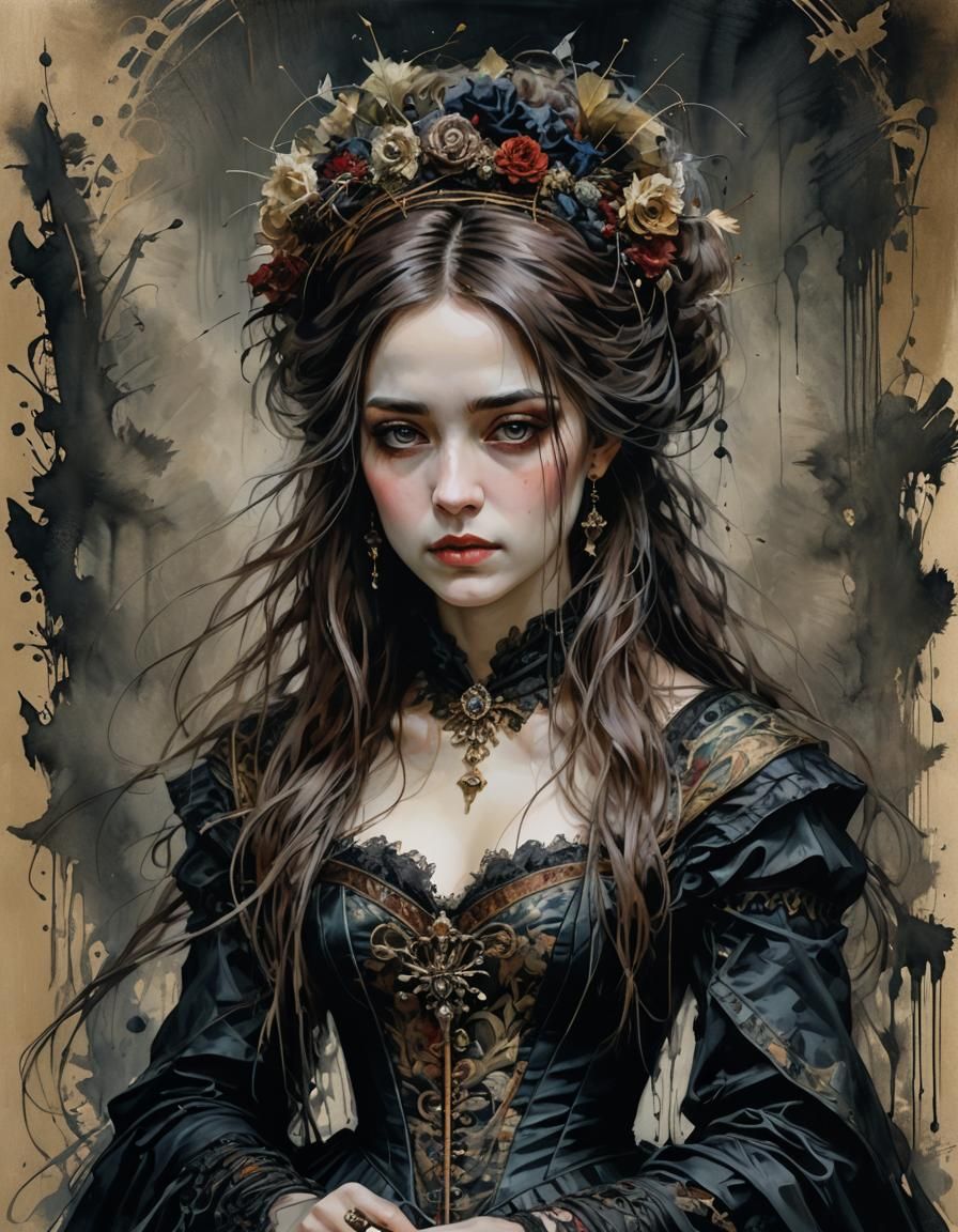 Gothic Noblewoman Portrait in Impressionistic Dark Fantasy S...