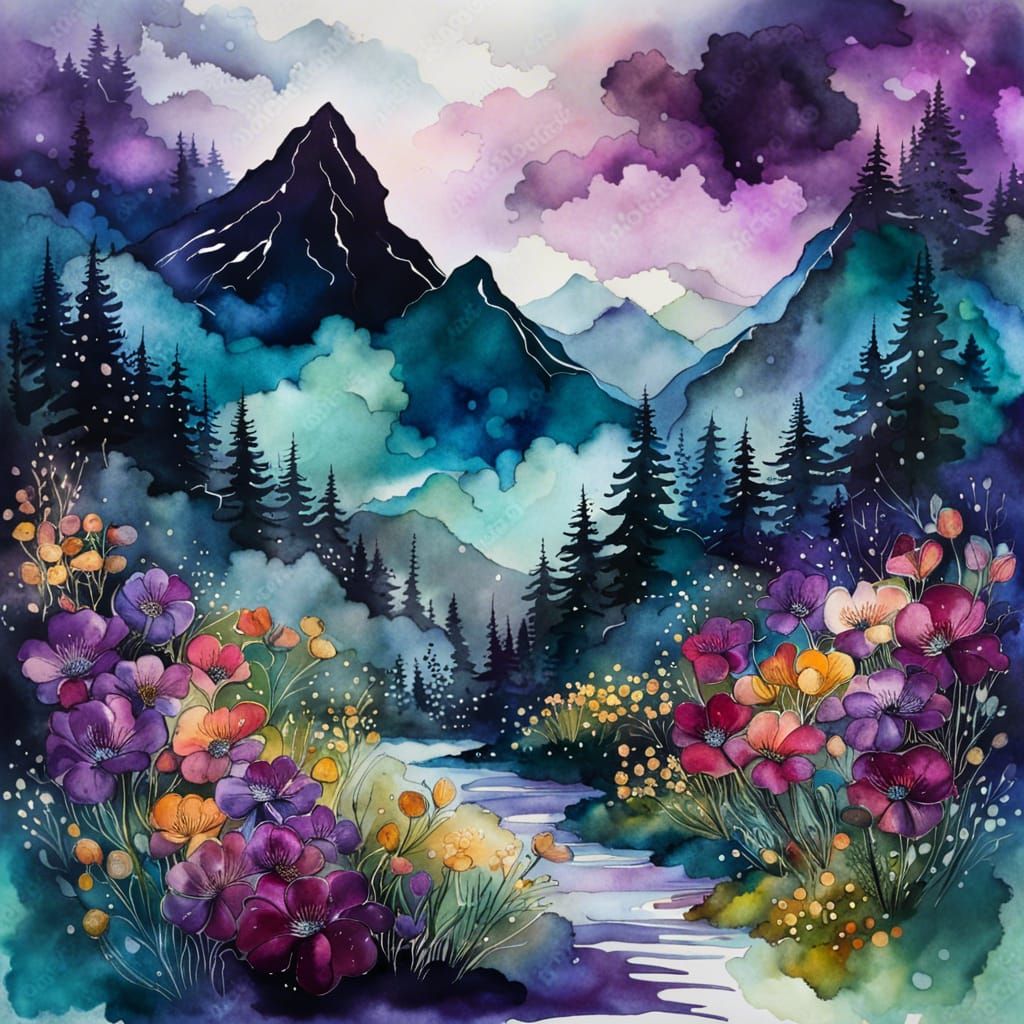 Misty Mountain Forest in Alcohol Ink Style