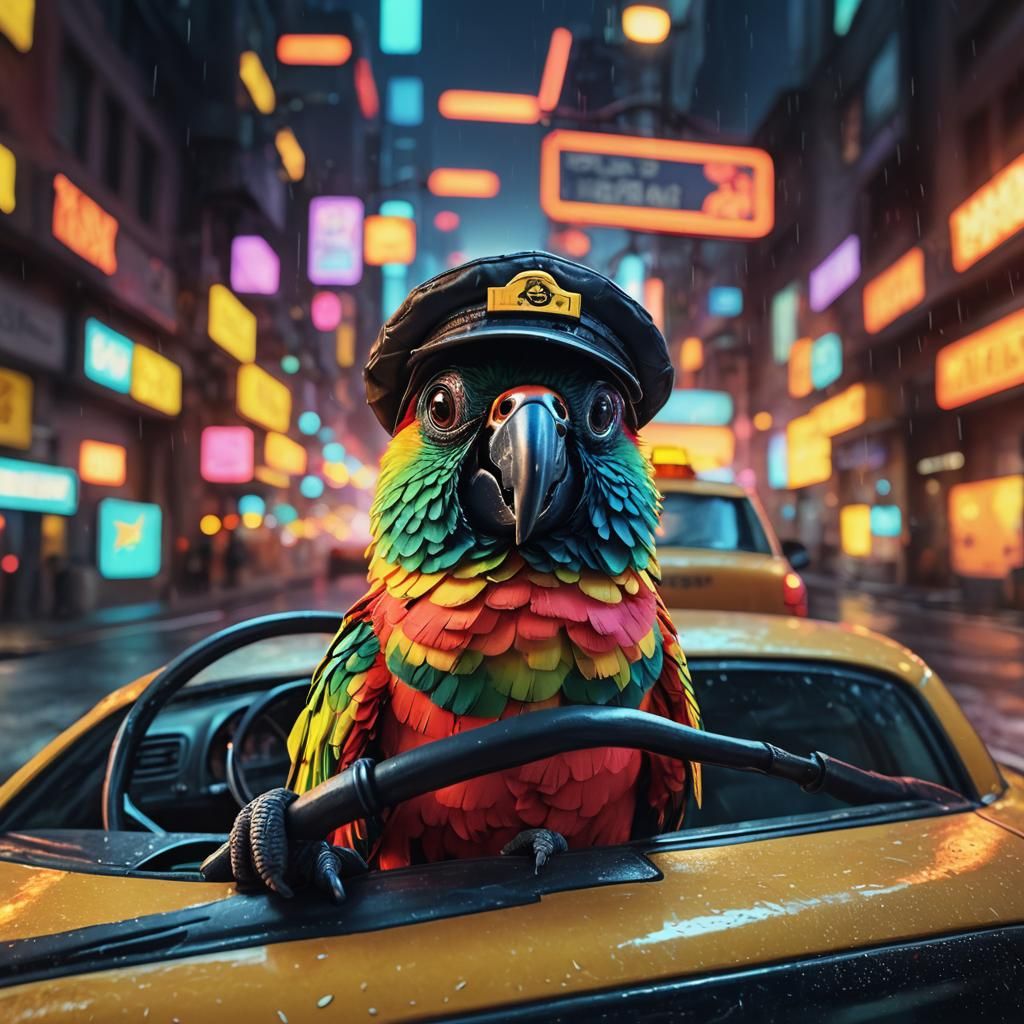 Parrot Taxi Driver in a Neon Cityscape as 3D Art