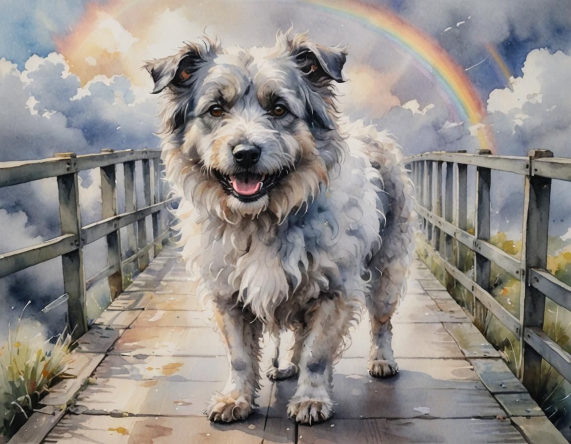 Old Dog Walks Rainbow Bridge Watercolour