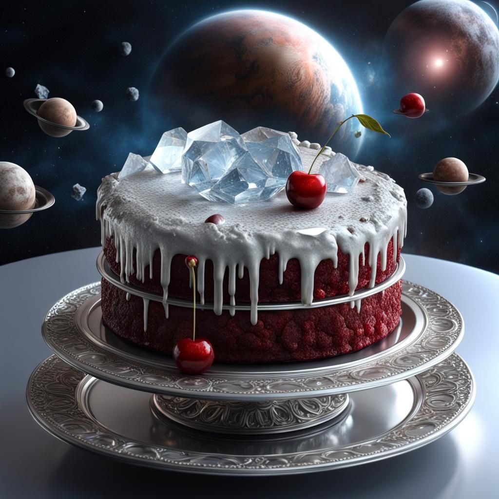 Crystal Cake with Cherry in Space: Digital Painting