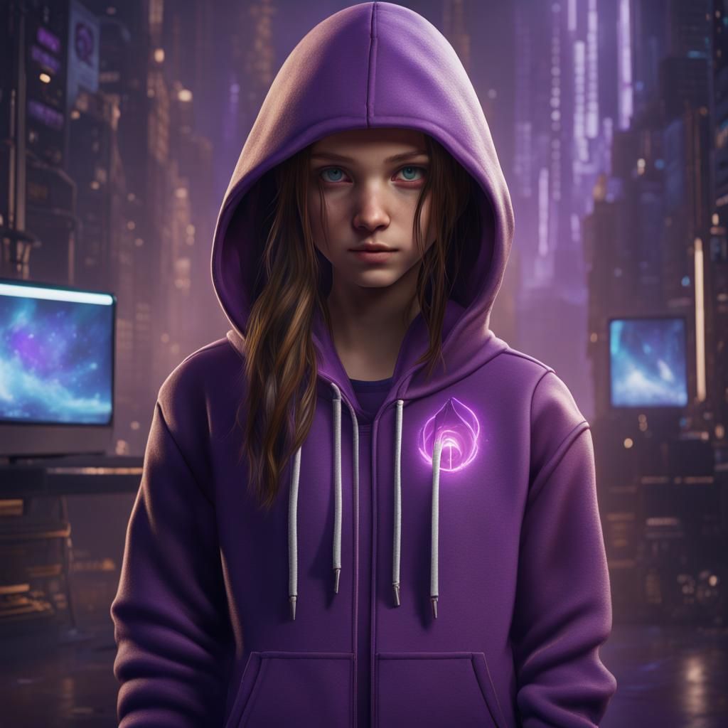 Girl in Hacker Hoodie with Purple Essence