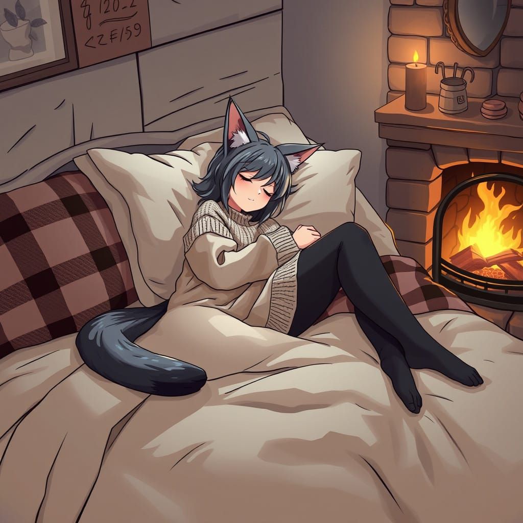 Fantastical Anime Woman Half Cat in Cozy Fantastical Scene