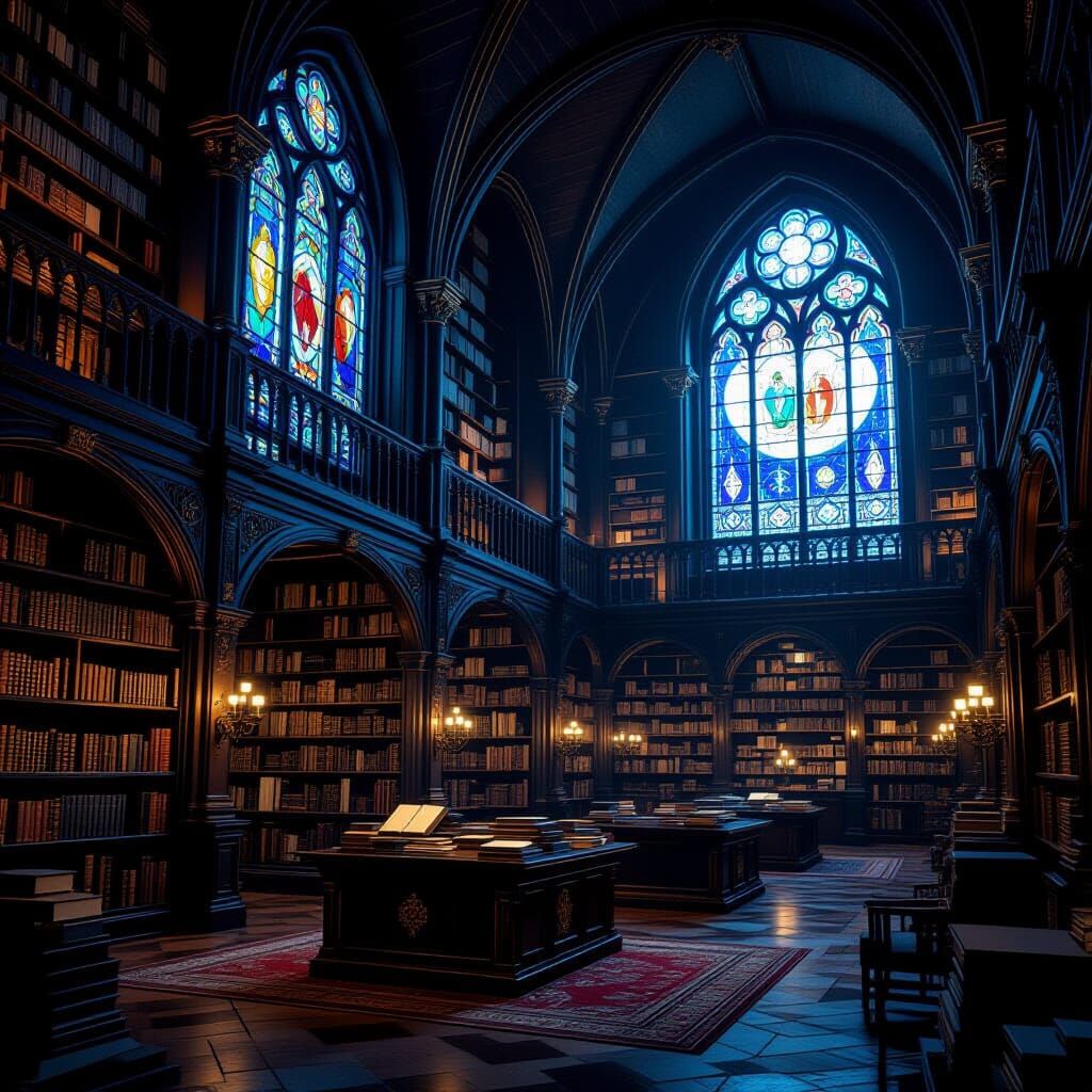 Mysterious Royal Library at Night with Glowing Symbols