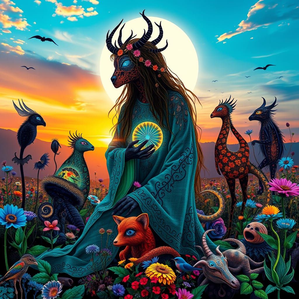 Ethereal Surrealism: Collage of Mystical Creatures in Sunset...