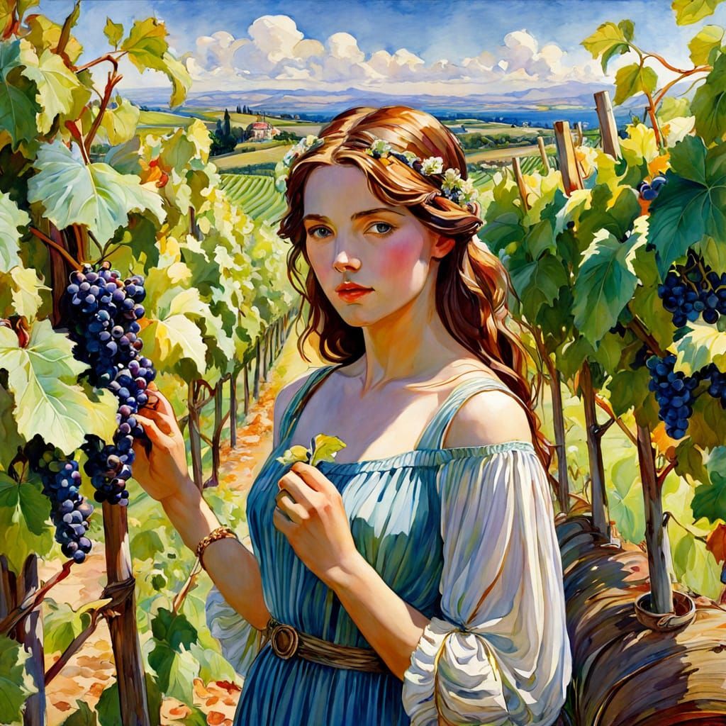 Surreal Watercolor Landscape in a Vineyard