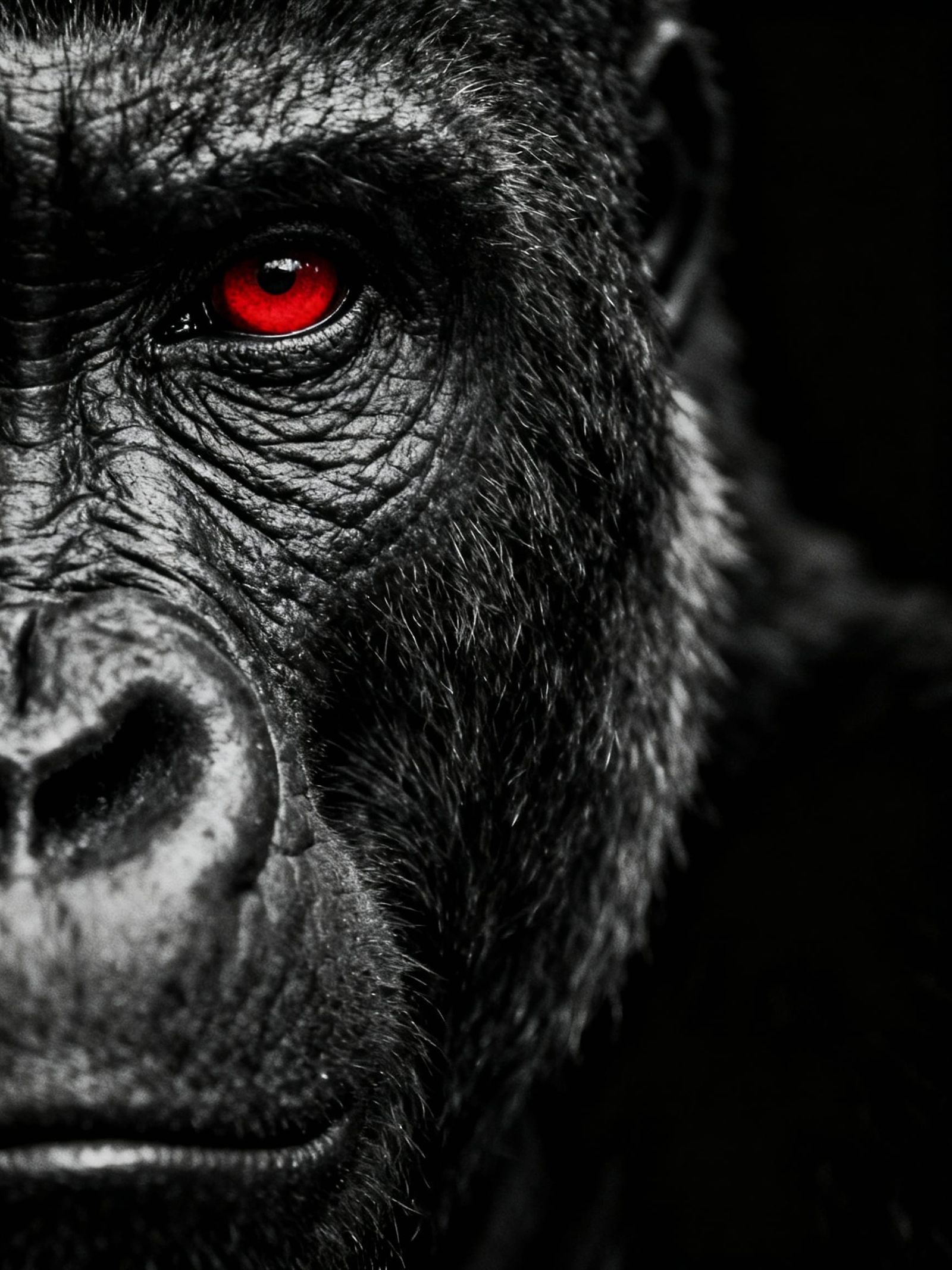 Intense Gorilla Portrait with Piercing Red Eye