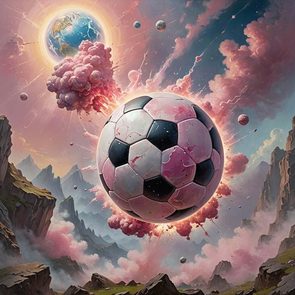 a photo realistic soccer ball as a planet in space with pink...