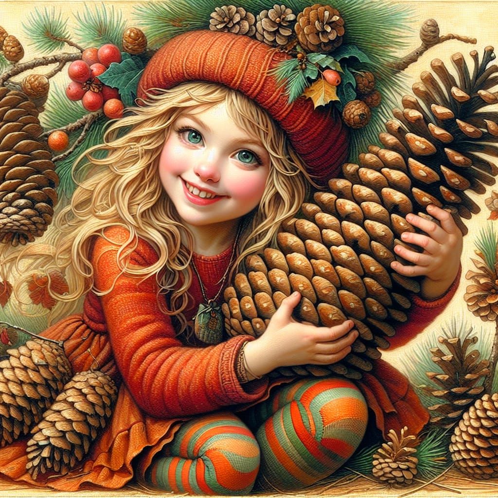 Charming Girl with Pine Cone Hat, in Impressionist Style