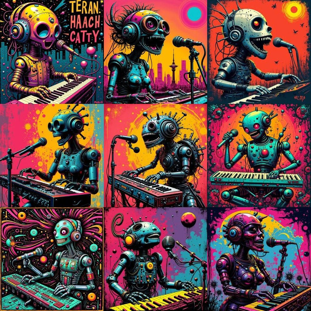 Cute Robot Musician in Multi-Color Stencil Art