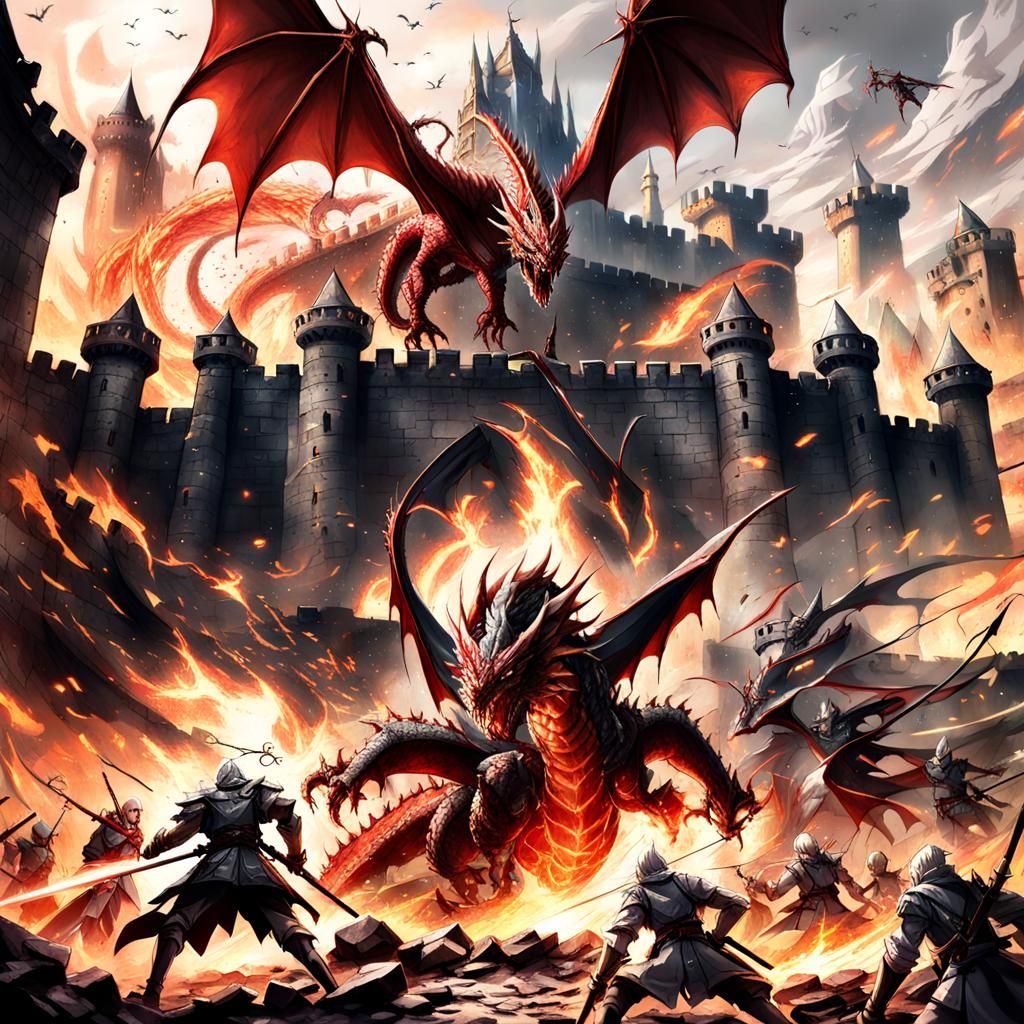 Epic Dragon Battle at Castle in Anime Style