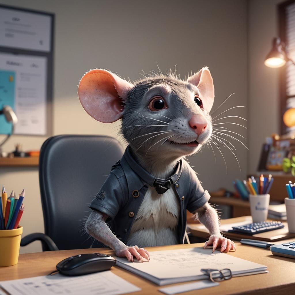 Stressed Office Rat in Pixar-Style 3D Digital Art