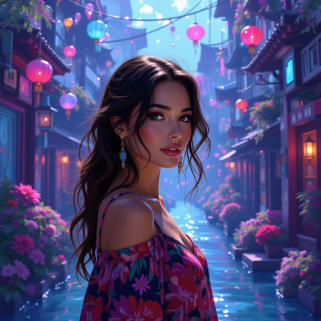 Kaleidoscopic Woman in Futuristic Landscape