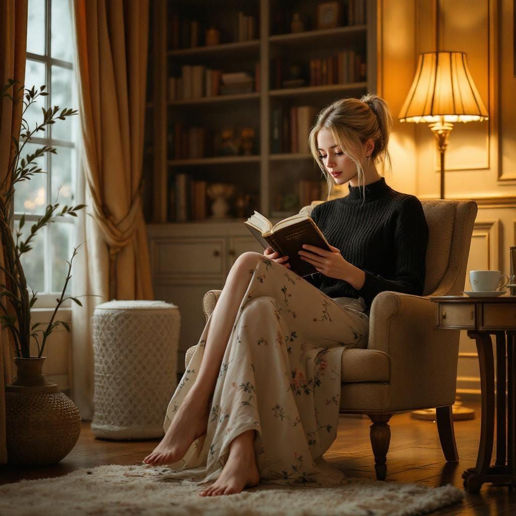Cozy Reading Scene in Hyperrealistic Illustration