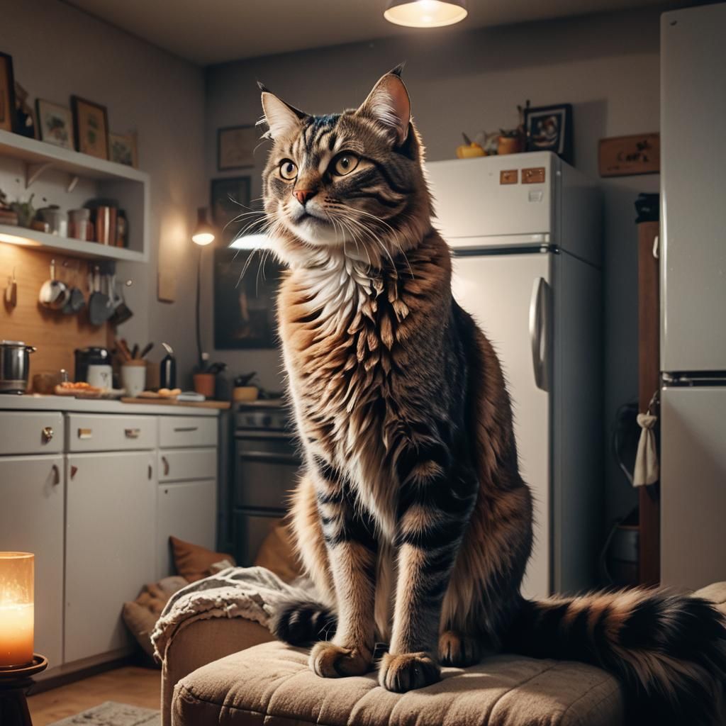 Cute Cat on Fridge in Cozy Living Room