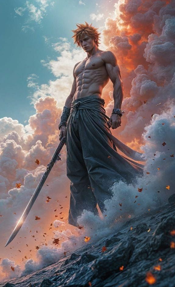 Raw Energy Zanpakuto Warrior in Vibrant, Fantastical Landsca...