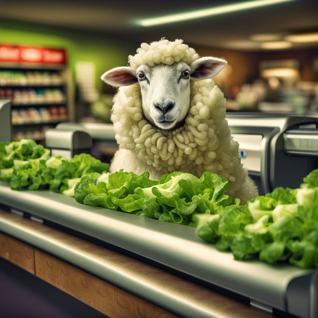 Smiling Sheep Cashier at Grocery Store in HDR