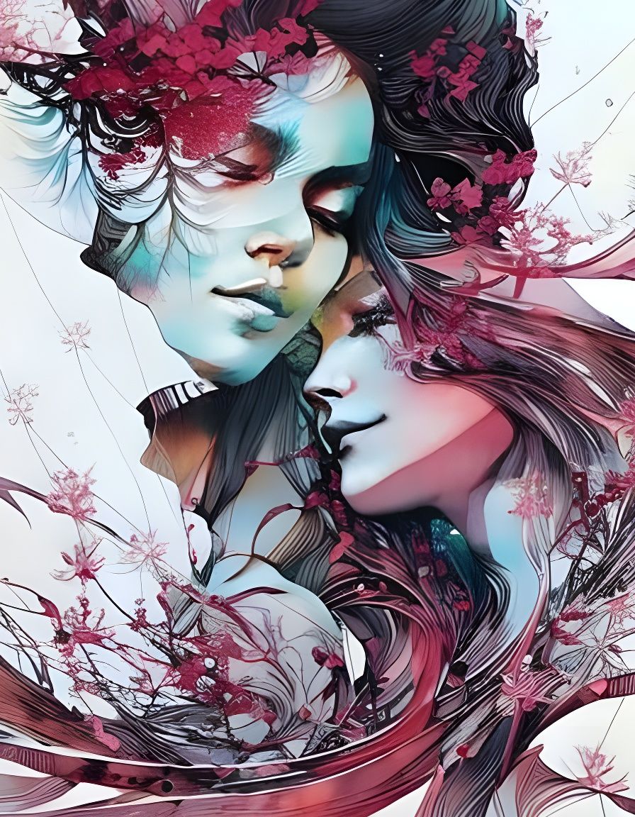 Passionate Embrace in Sakura Garden, Ink Flow Art