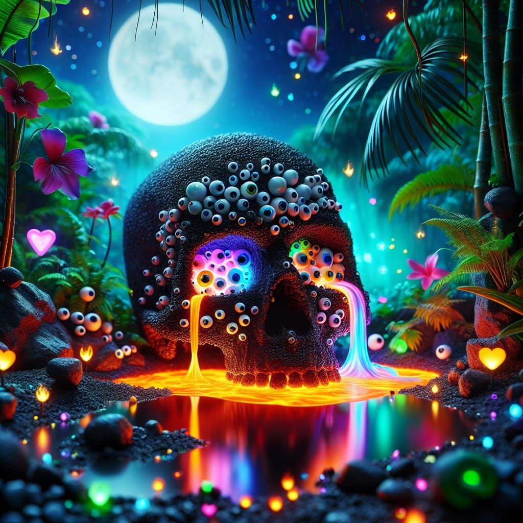 Googly Eye Skull in Tropical Moonlight