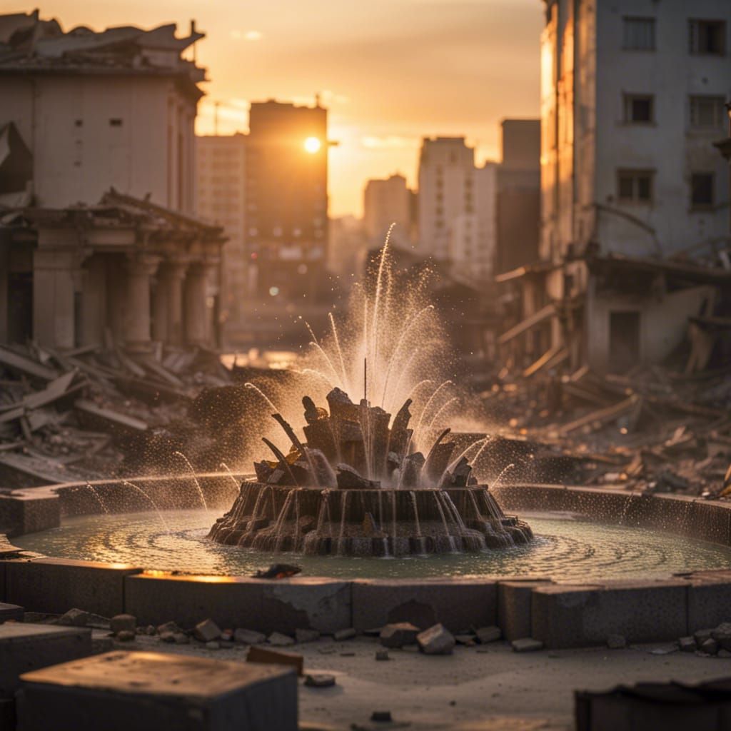 Sunset Over War-Torn City Fountain: Photography