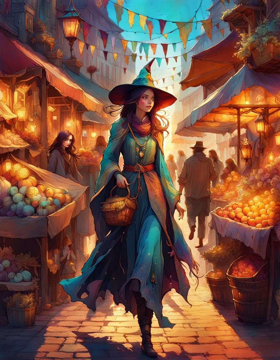 Enchanting Witch in Bustling Marketplace Concept Art