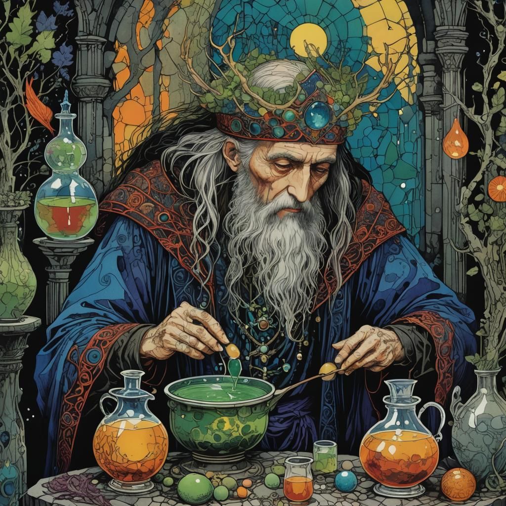 Druid Potion Creation in Harry Clarke Style